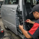 teknisi sedang memperbaiki pintu geser mobil