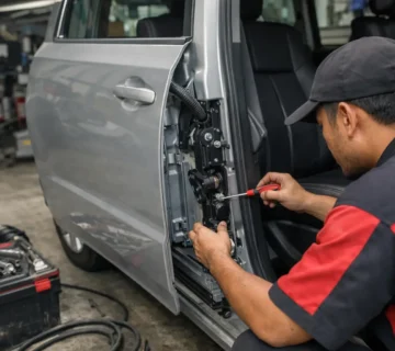 teknisi sedang memperbaiki pintu geser mobil