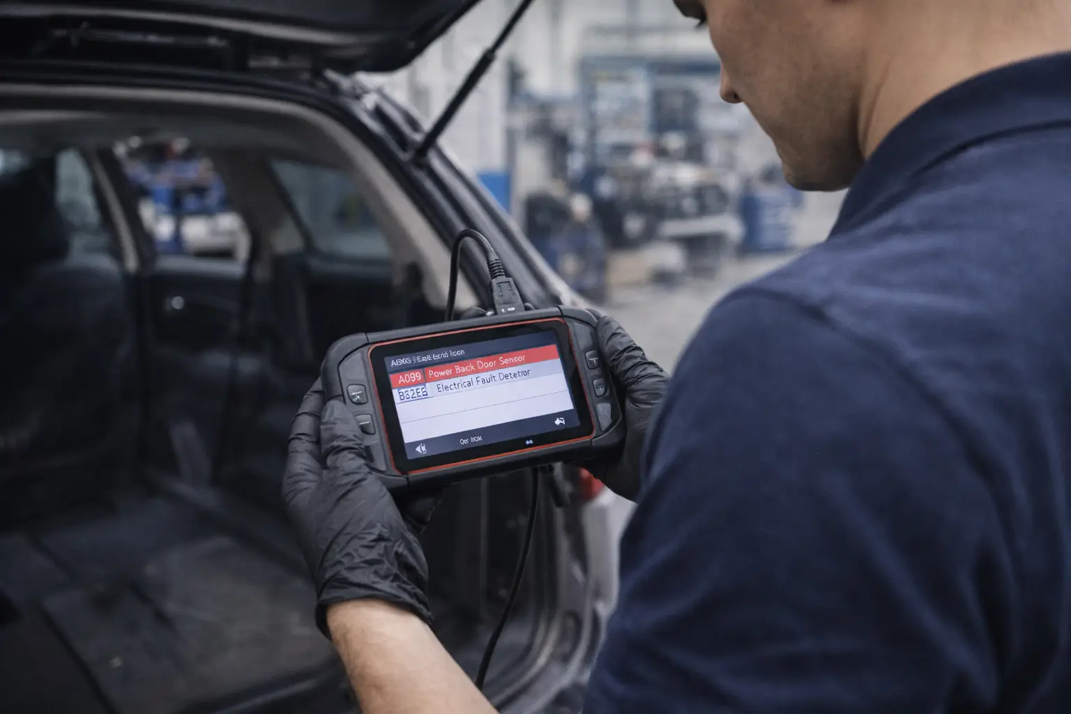 Teknisi melakukan diagnosa service power backdoor mobil