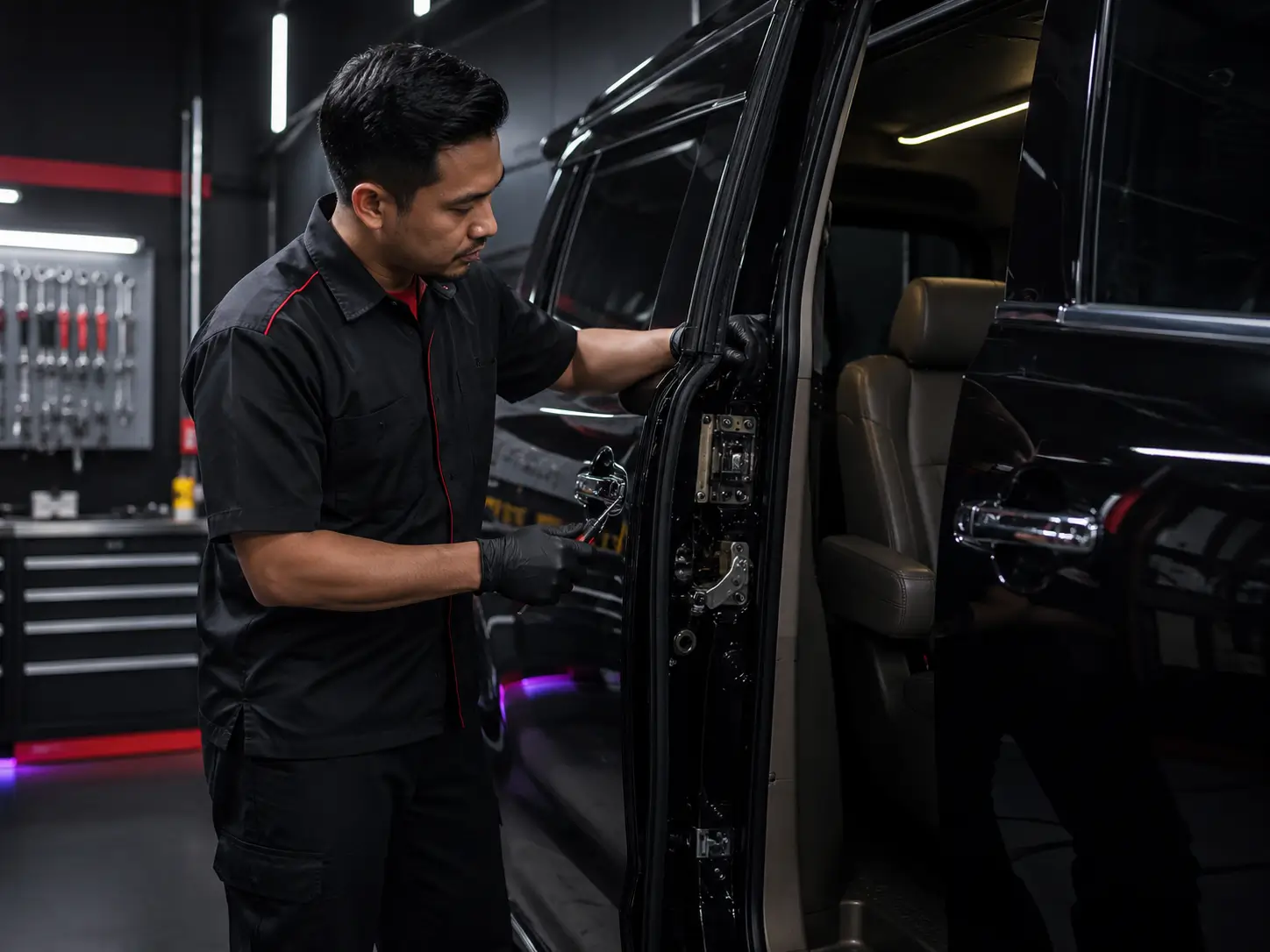 Teknisi Feeling memeriksa dan melakukan service sliding door mobil