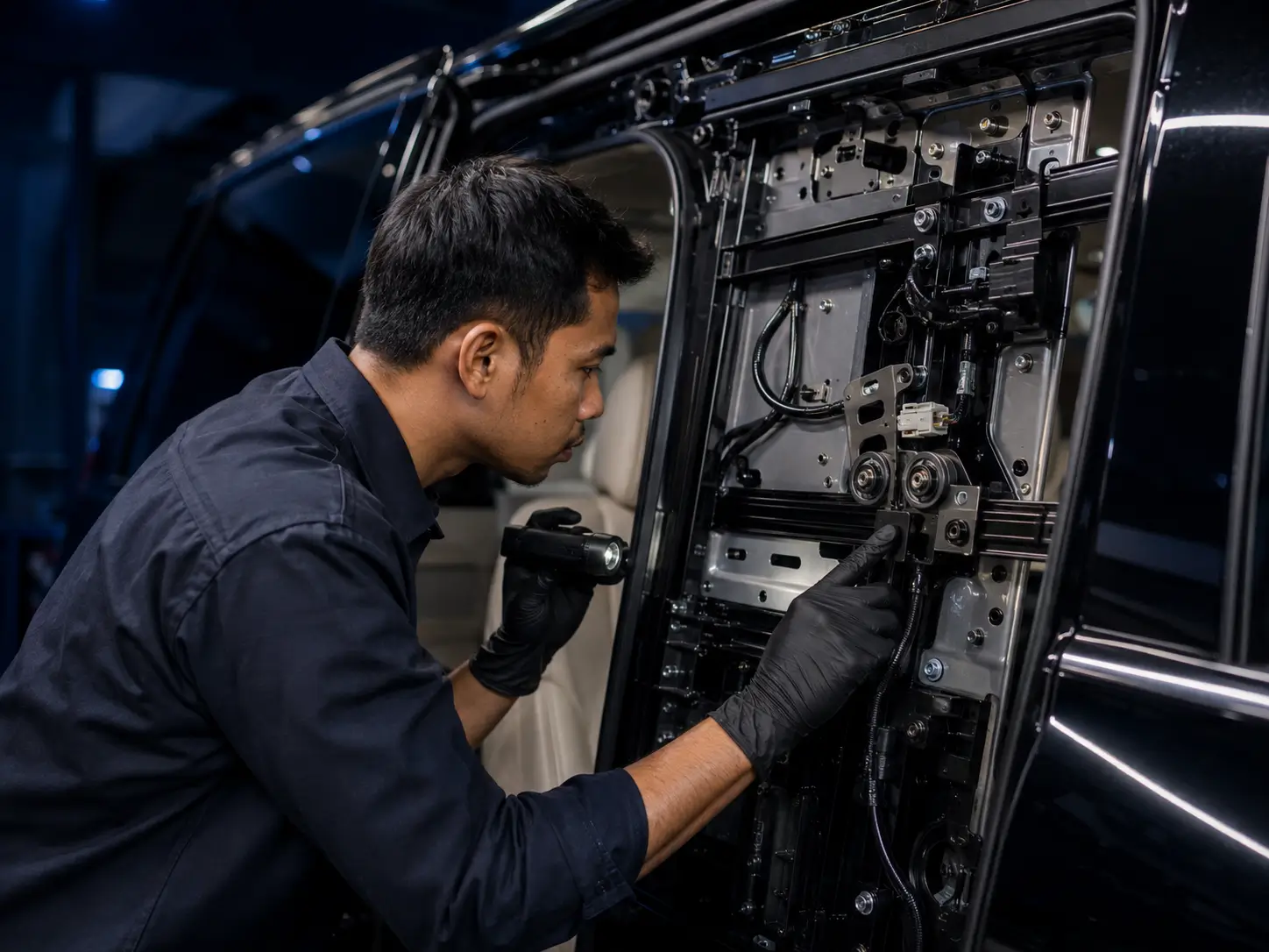 Teknisi Feeling memeriksa sistem sliding door Toyota Alphard