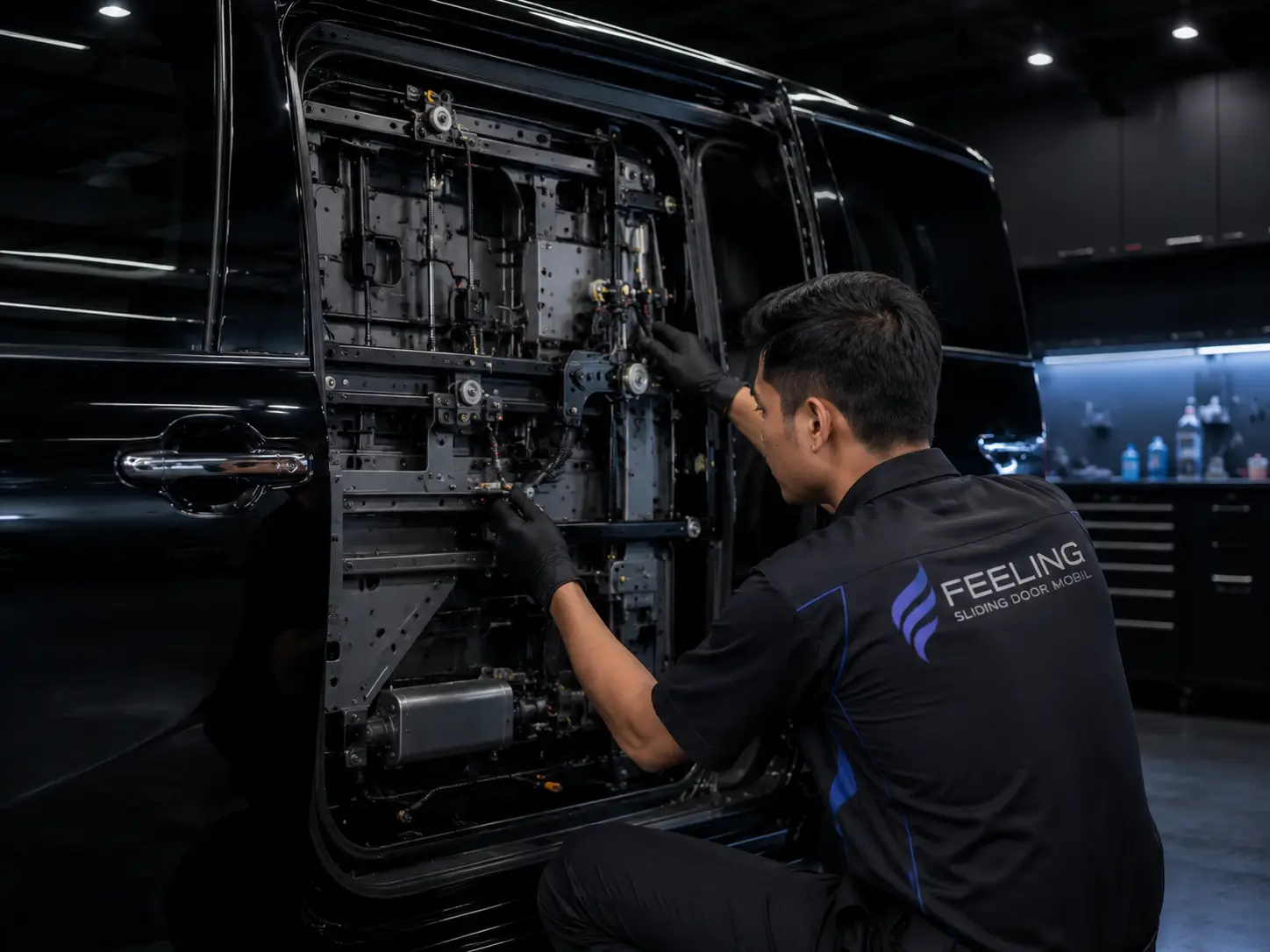 Teknisi Feeling melakukan pemeriksaan service sliding door mobil di area Jabodetabek