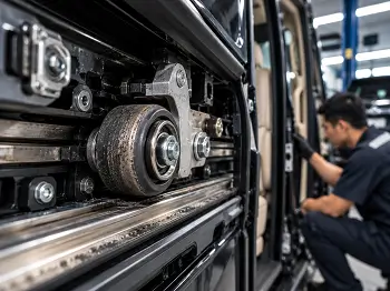 Pintu geser mobil terbuka untuk pemeriksaan mekanisme sliding door
