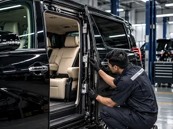 Teknisi memeriksa sliding door mobil yang macet
